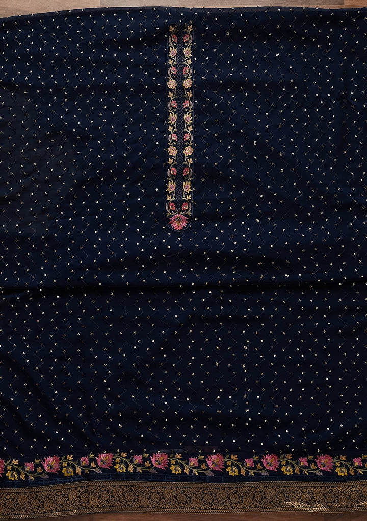 Navy Blue Threadwork Georgette Designer Unstitched Salwar Suit - Koskii
