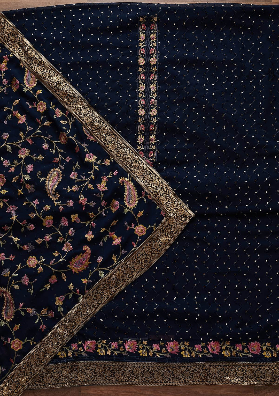 Navy Blue Threadwork Georgette Designer Unstitched Salwar Suit - Koskii