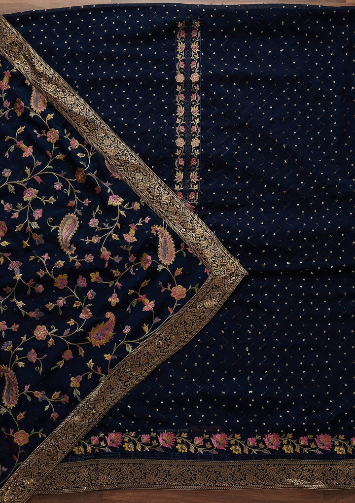 Navy Blue Threadwork Georgette Designer Unstitched Salwar Suit - Koskii