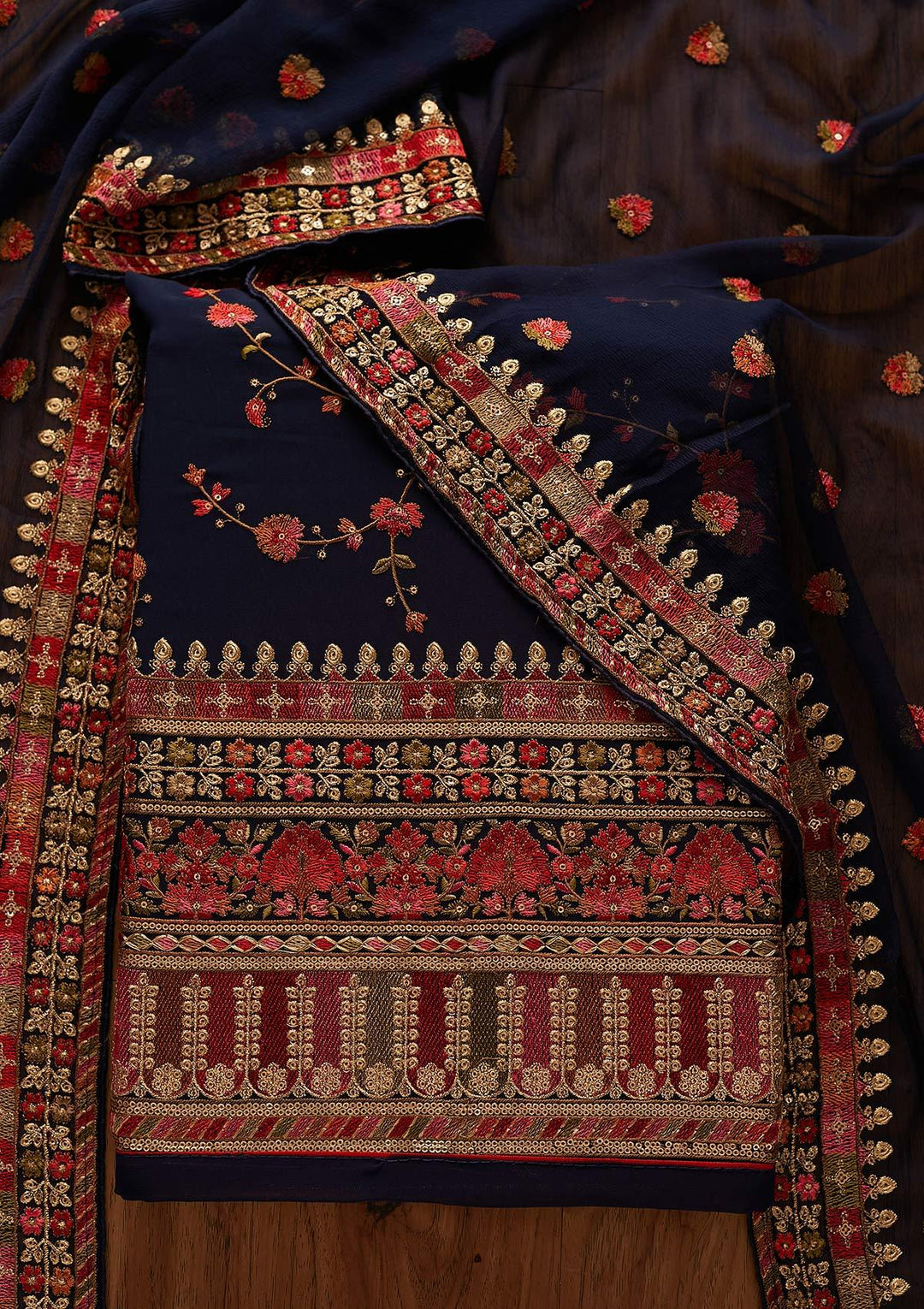 Navy Blue Threadwork Georgette Designer Unstitched Salwar Suit - koskii