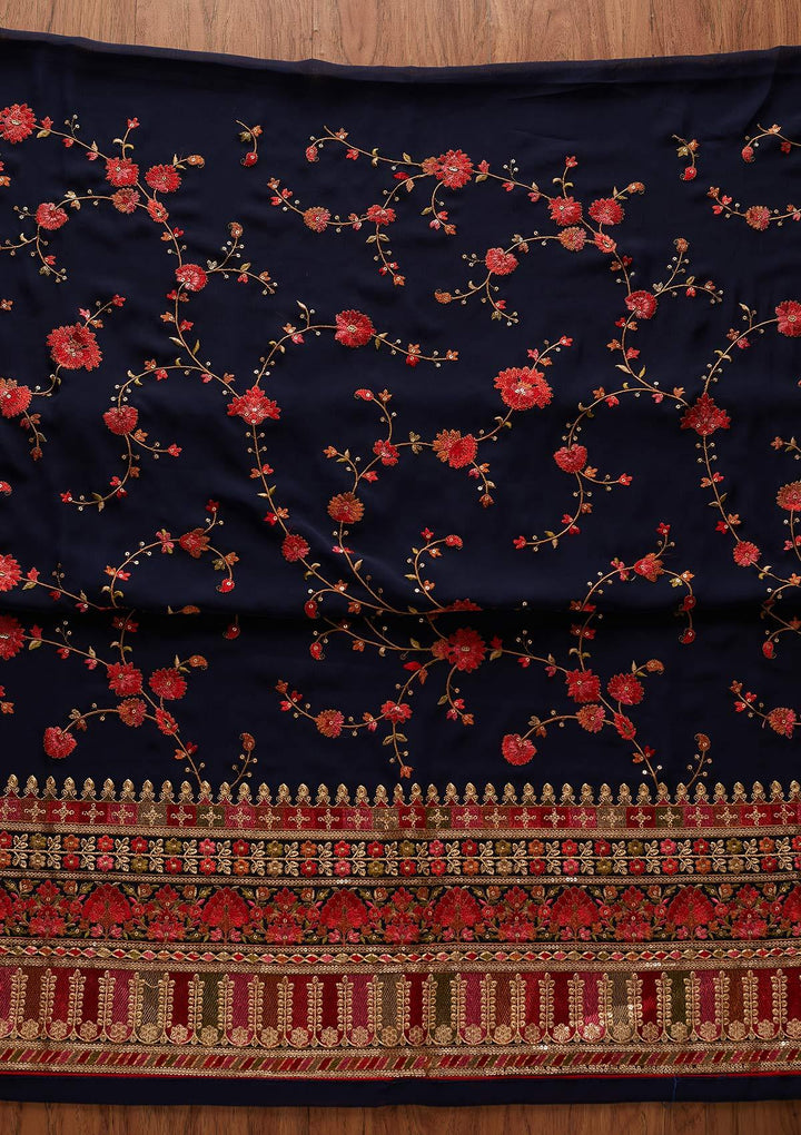 Navy Blue Threadwork Georgette Designer Unstitched Salwar Suit - koskii