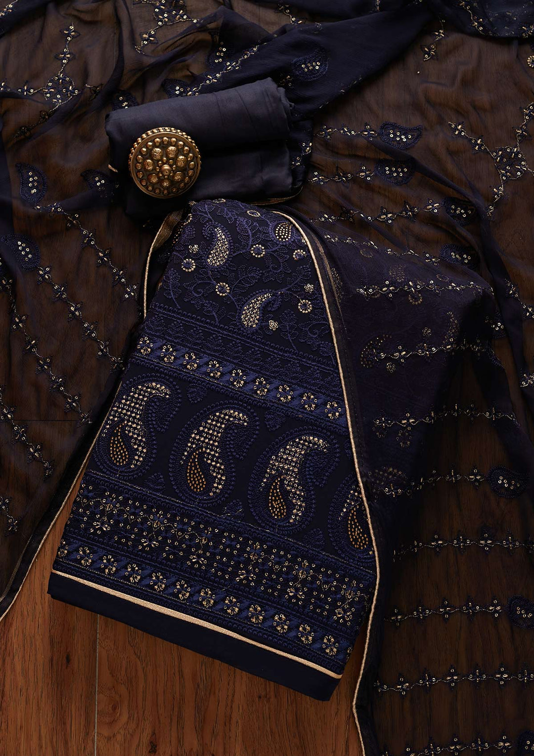 Navy Blue Threadwork Georgette Designer Unstitched Salwar Suit - Koskii