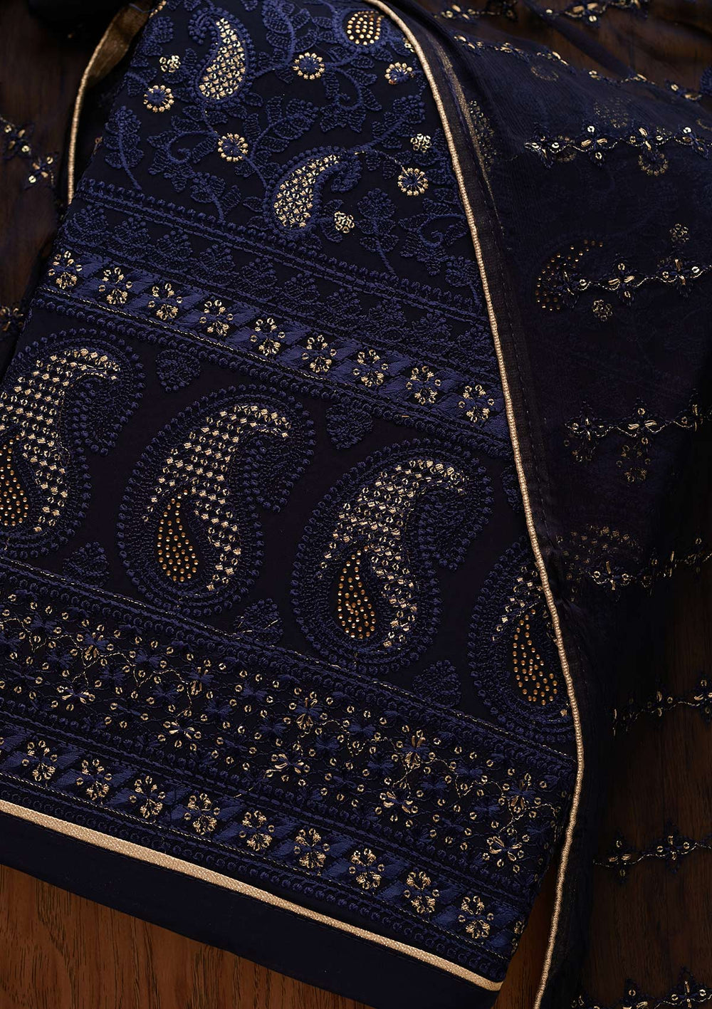 Navy Blue Threadwork Georgette Designer Unstitched Salwar Suit - Koskii