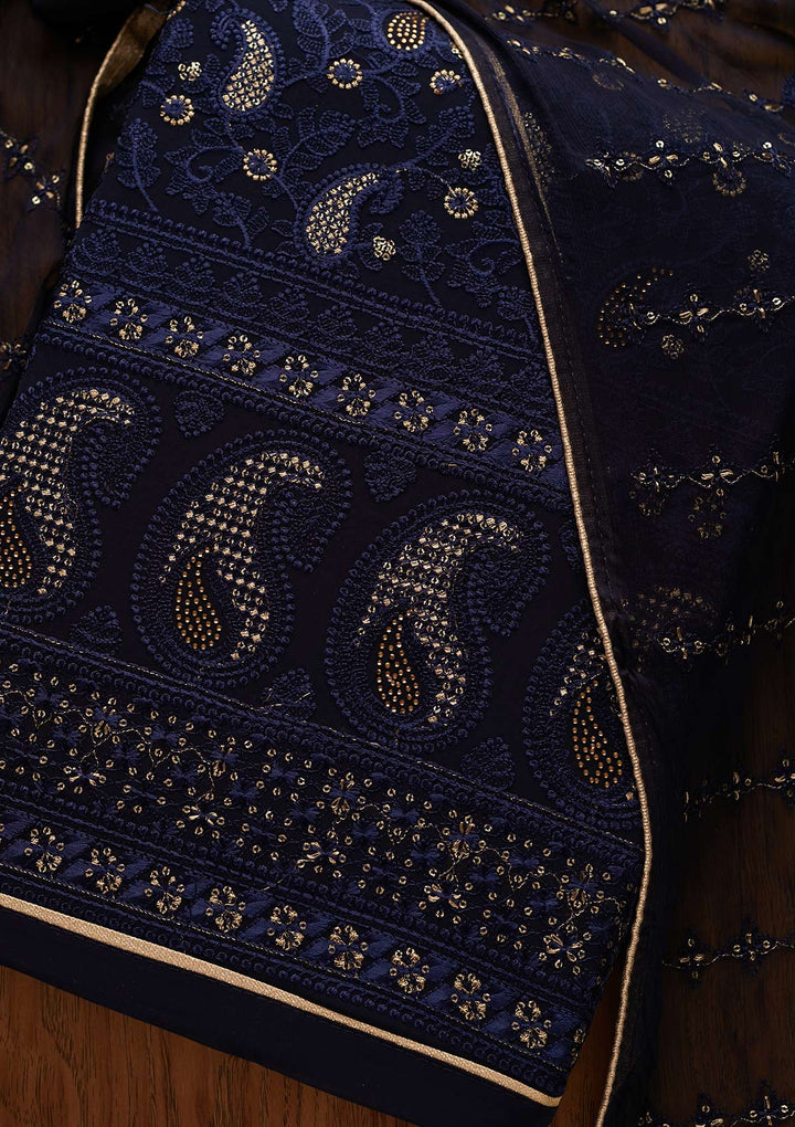 Navy Blue Threadwork Georgette Designer Unstitched Salwar Suit - Koskii