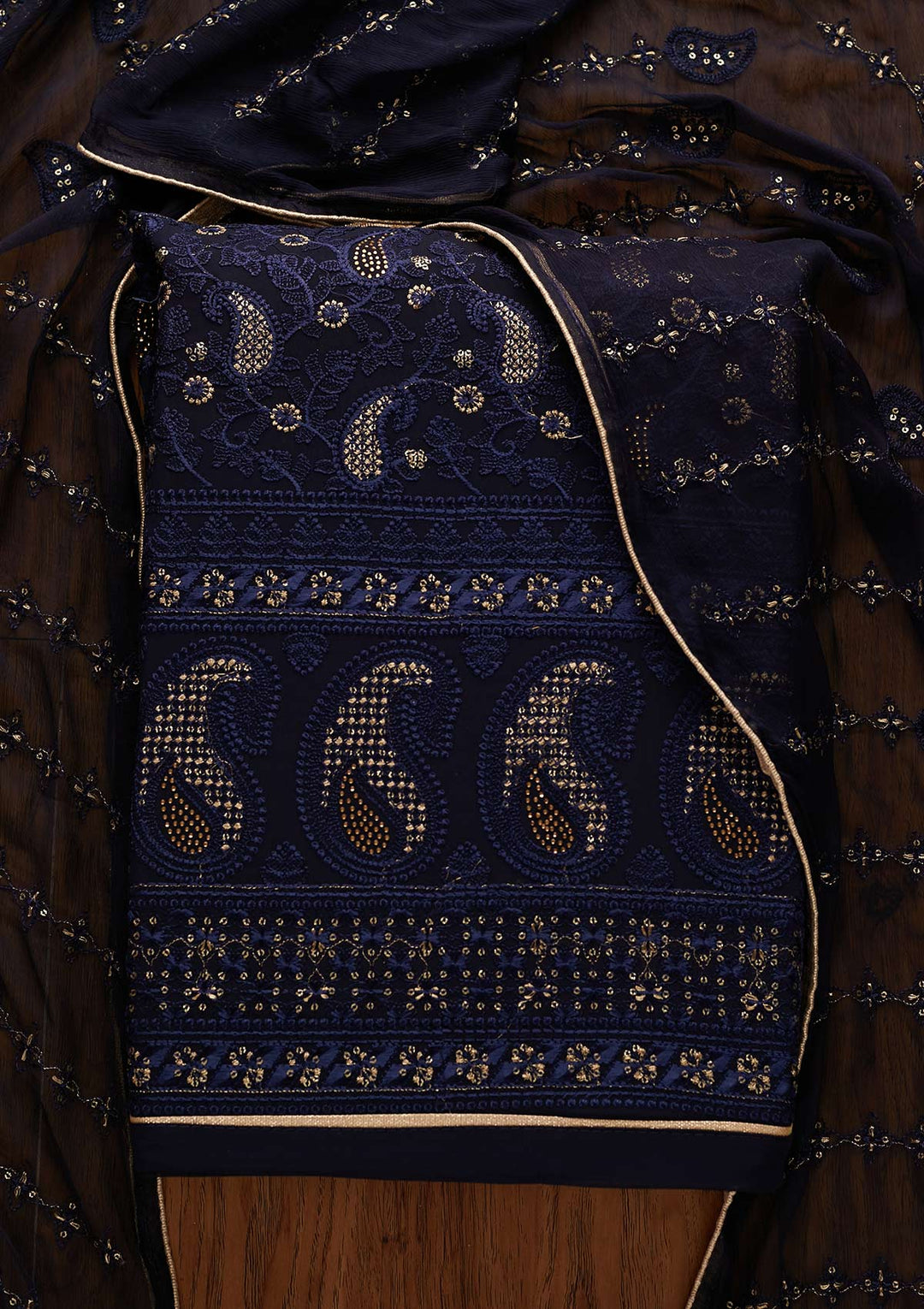 Navy Blue Threadwork Georgette Designer Unstitched Salwar Suit - Koskii