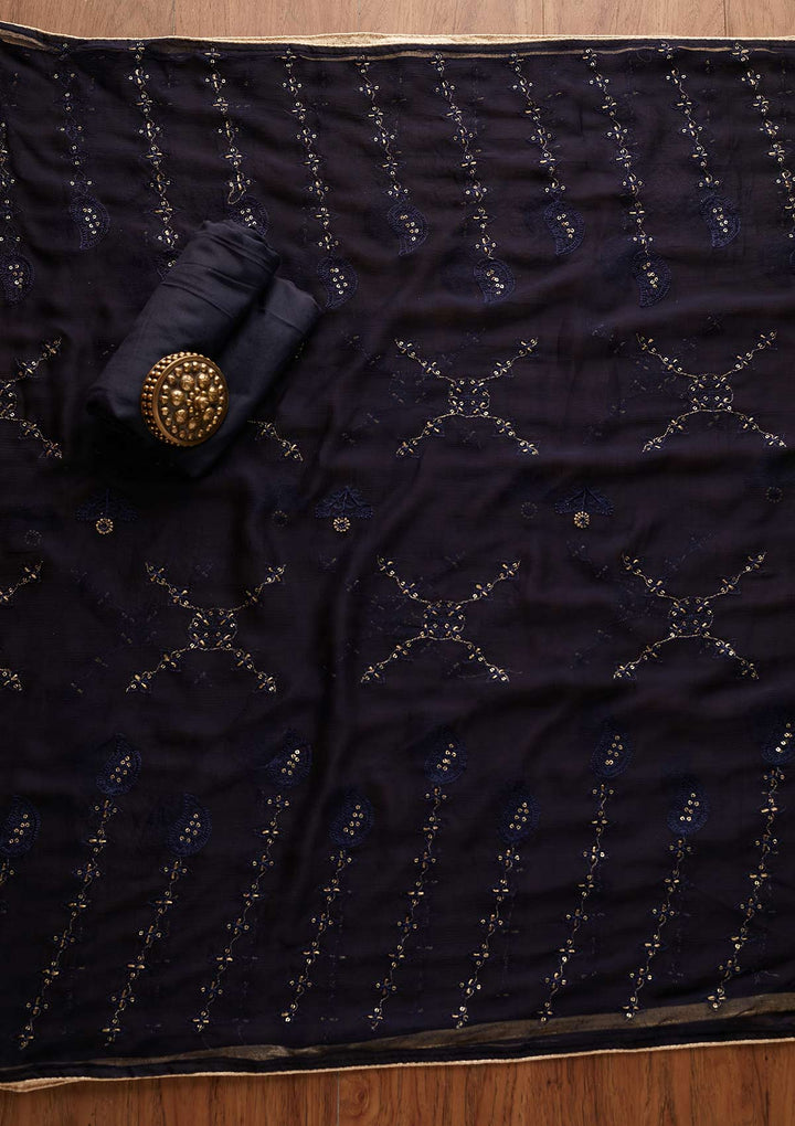 Navy Blue Threadwork Georgette Designer Unstitched Salwar Suit - Koskii