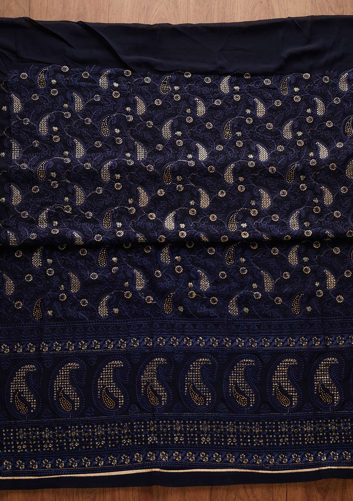 Navy Blue Threadwork Georgette Designer Unstitched Salwar Suit - Koskii