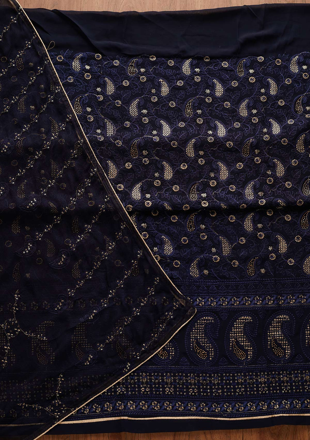 Navy Blue Threadwork Georgette Designer Unstitched Salwar Suit - Koskii
