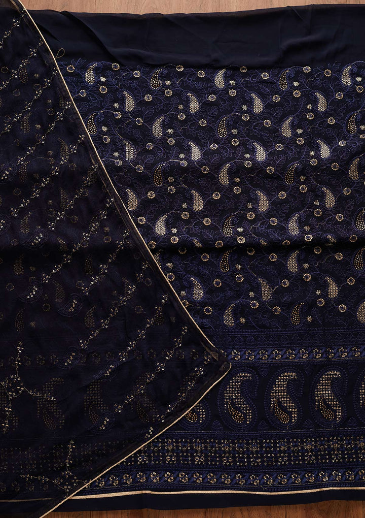 Navy Blue Threadwork Georgette Designer Unstitched Salwar Suit - Koskii