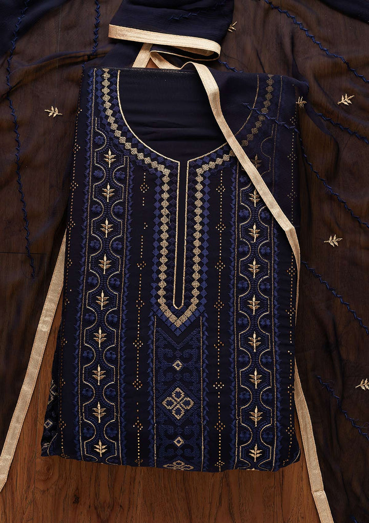 Navy Blue Threadwork Georgette Designer Unstitched Salwar Suit - Koskii