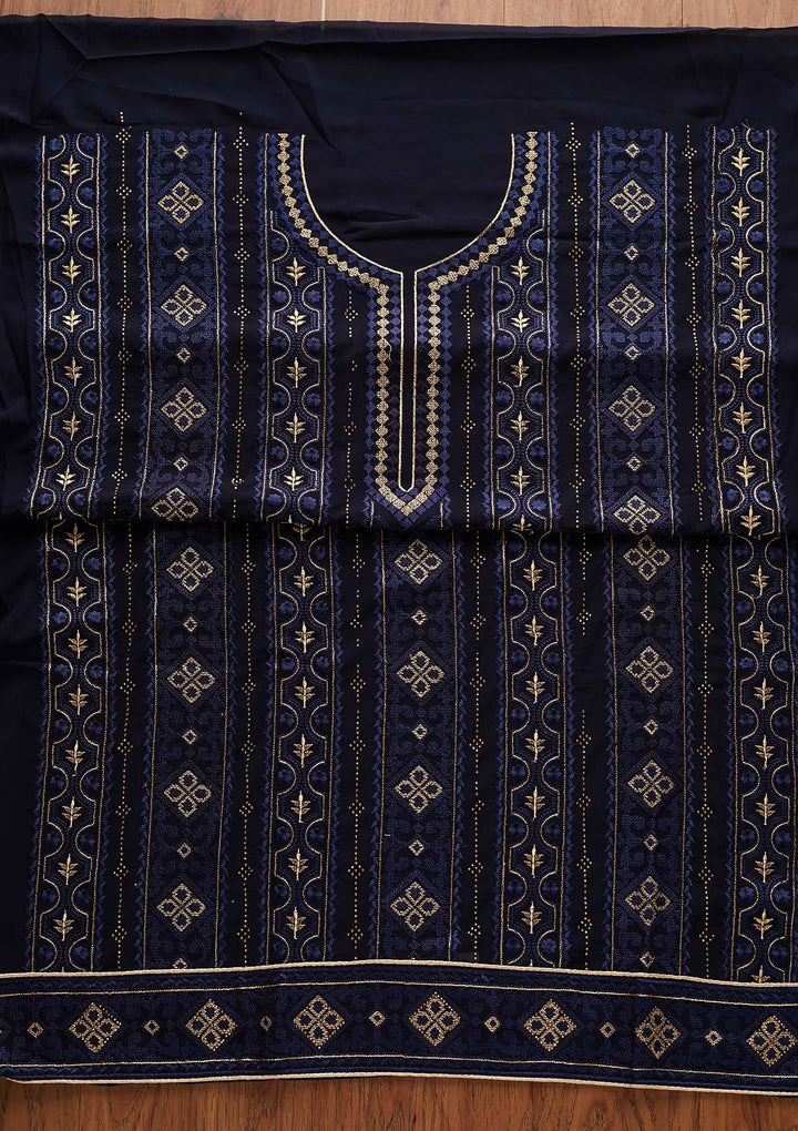 Navy Blue Threadwork Georgette Designer Unstitched Salwar Suit - Koskii