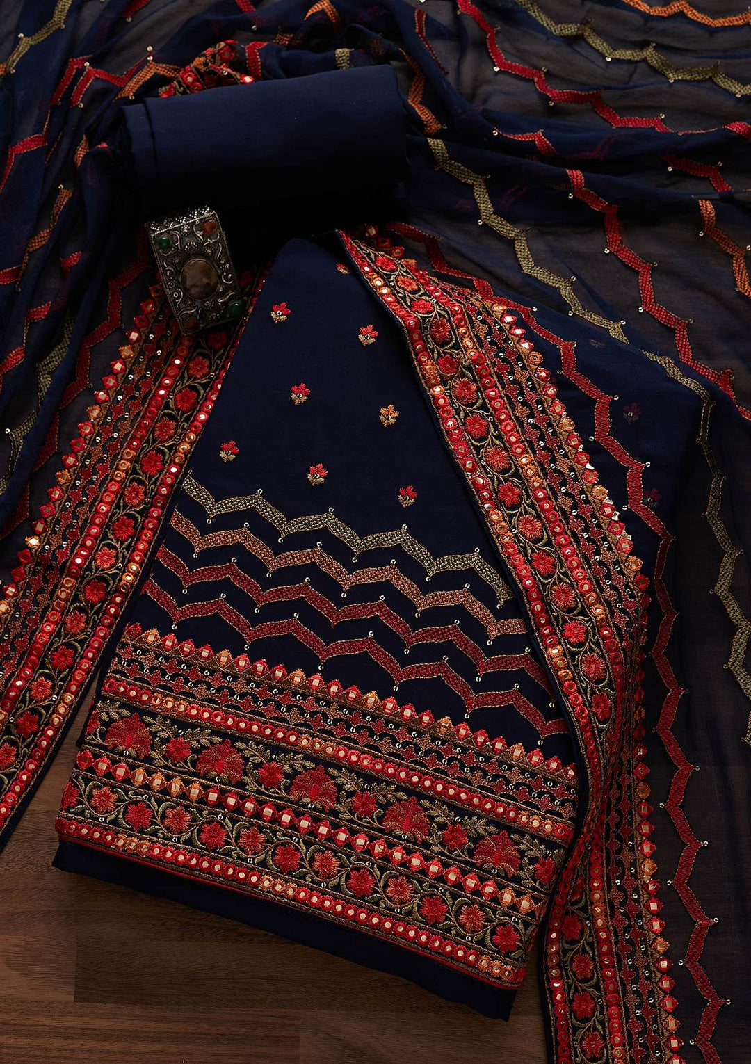 Navy Blue Threadwork Georgette Designer Unstitched Salwar Suit - Koskii