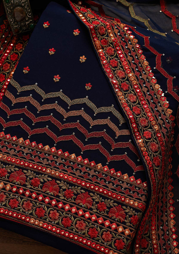 Navy Blue Threadwork Georgette Designer Unstitched Salwar Suit - Koskii
