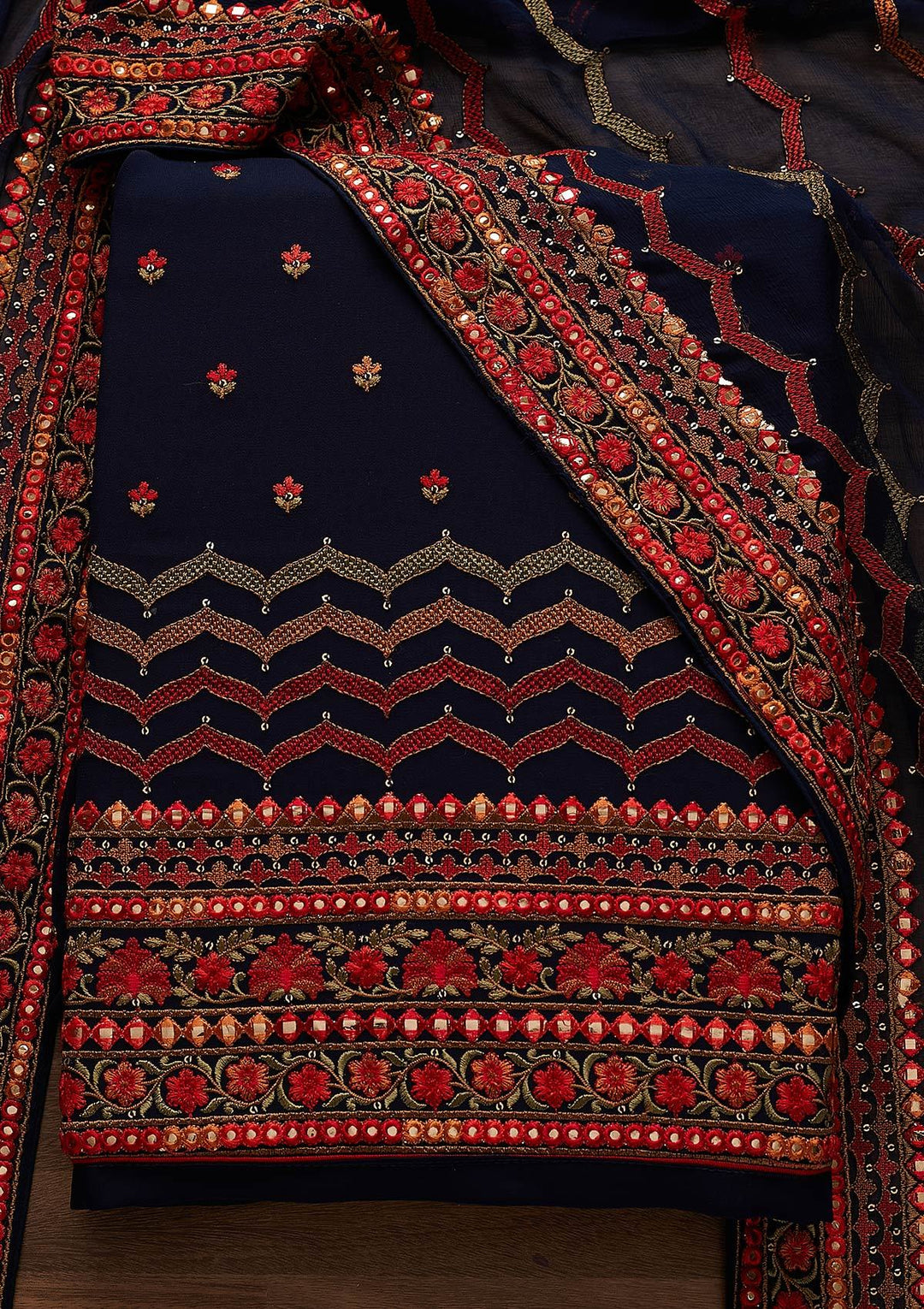 Navy Blue Threadwork Georgette Designer Unstitched Salwar Suit - Koskii