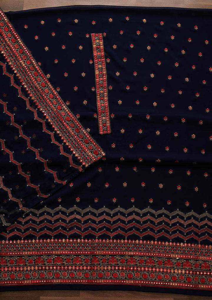 Navy Blue Threadwork Georgette Designer Unstitched Salwar Suit - Koskii