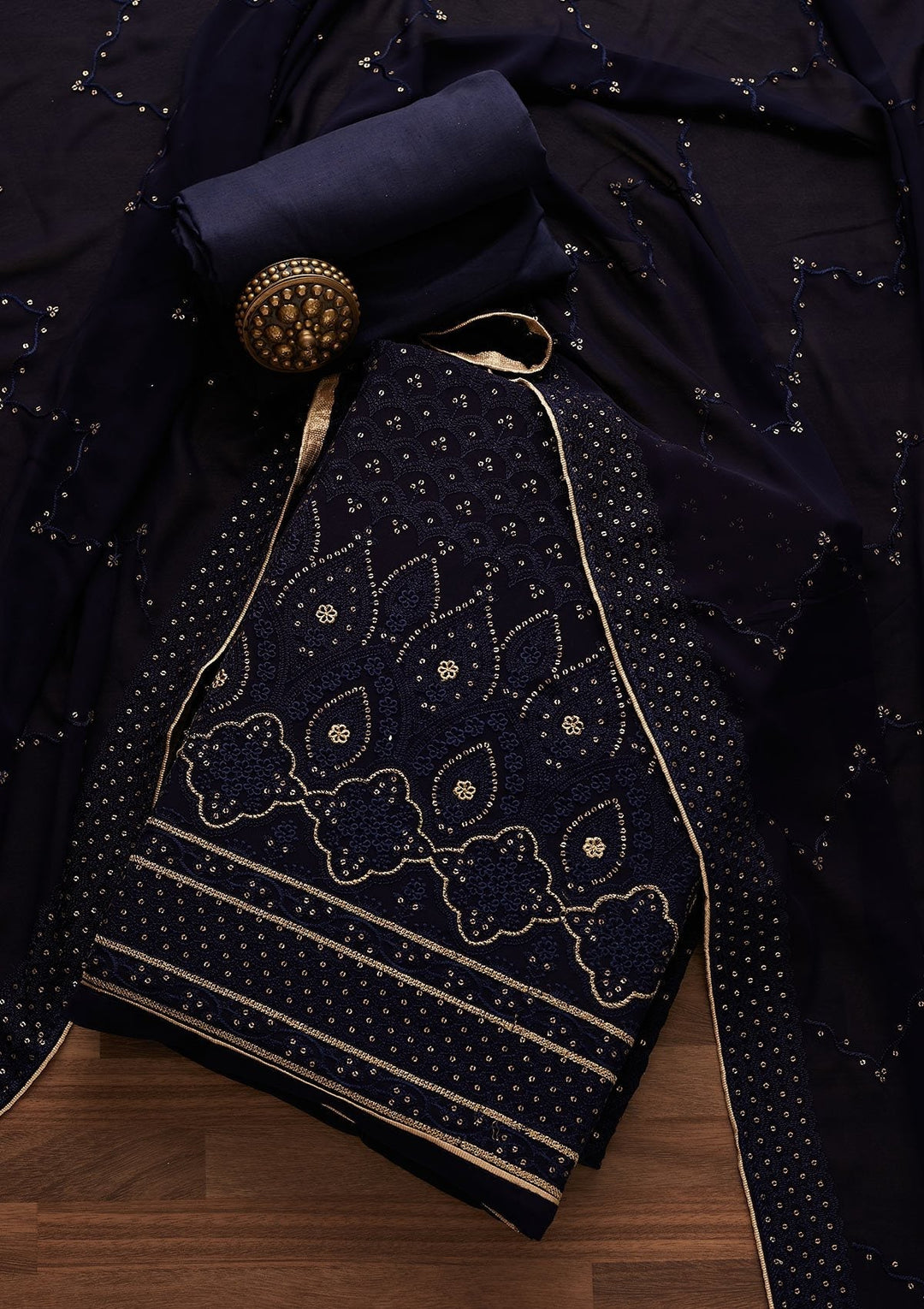 Navy Blue Threadwork Georgette Designer Unstitched Salwar Suit - Koskii