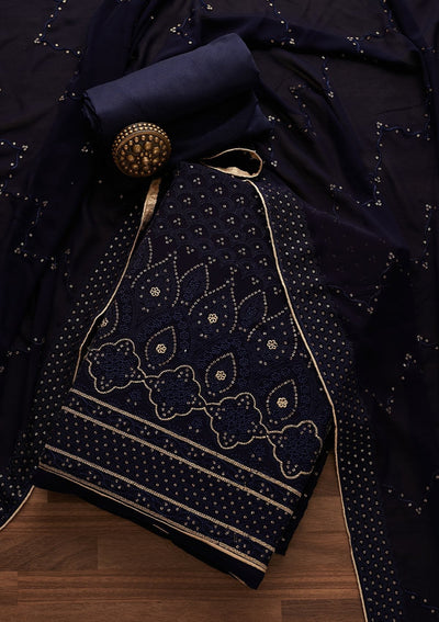 Navy Blue Threadwork Georgette Designer Unstitched Salwar Suit - Koskii