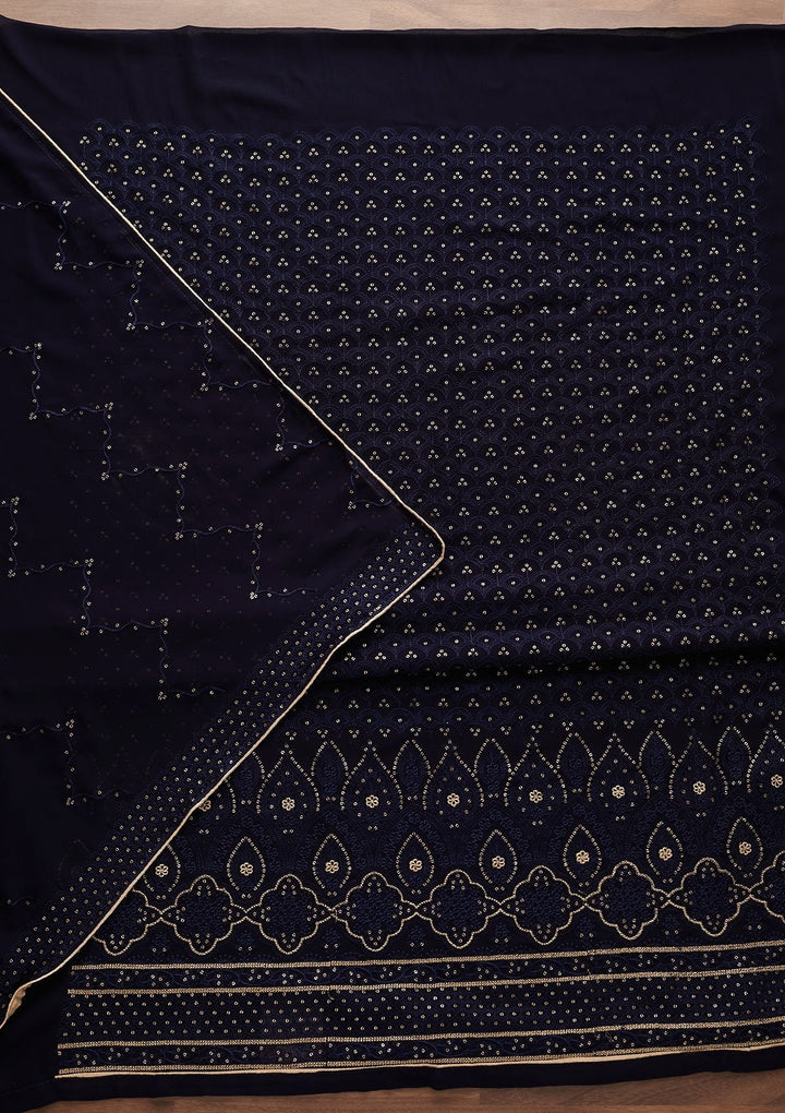 Navy Blue Threadwork Georgette Designer Unstitched Salwar Suit - Koskii
