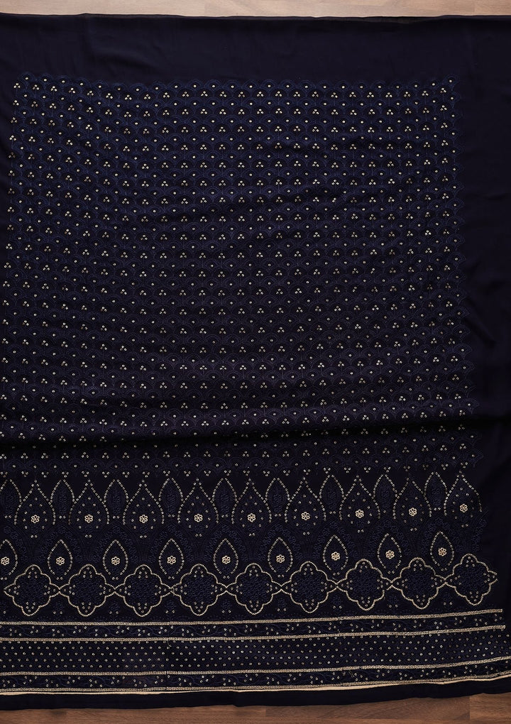Navy Blue Threadwork Georgette Designer Unstitched Salwar Suit - Koskii