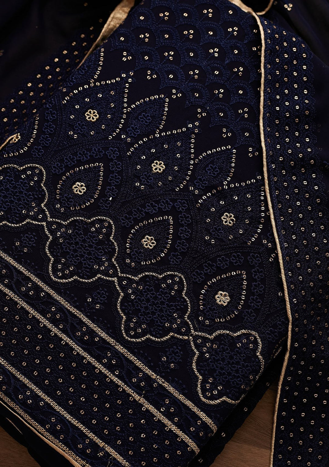Navy Blue Threadwork Georgette Designer Unstitched Salwar Suit - Koskii