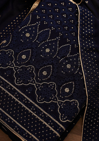 Navy Blue Threadwork Georgette Designer Unstitched Salwar Suit - Koskii