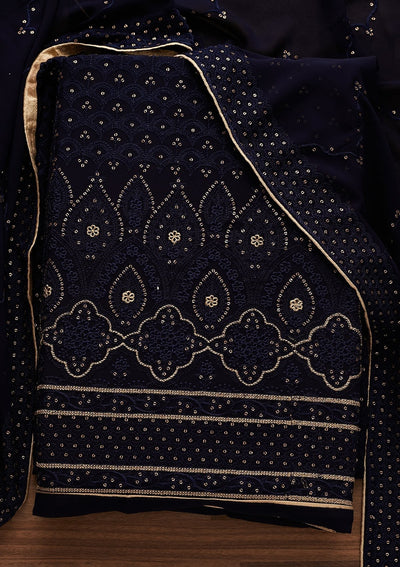 Navy Blue Threadwork Georgette Designer Unstitched Salwar Suit - Koskii