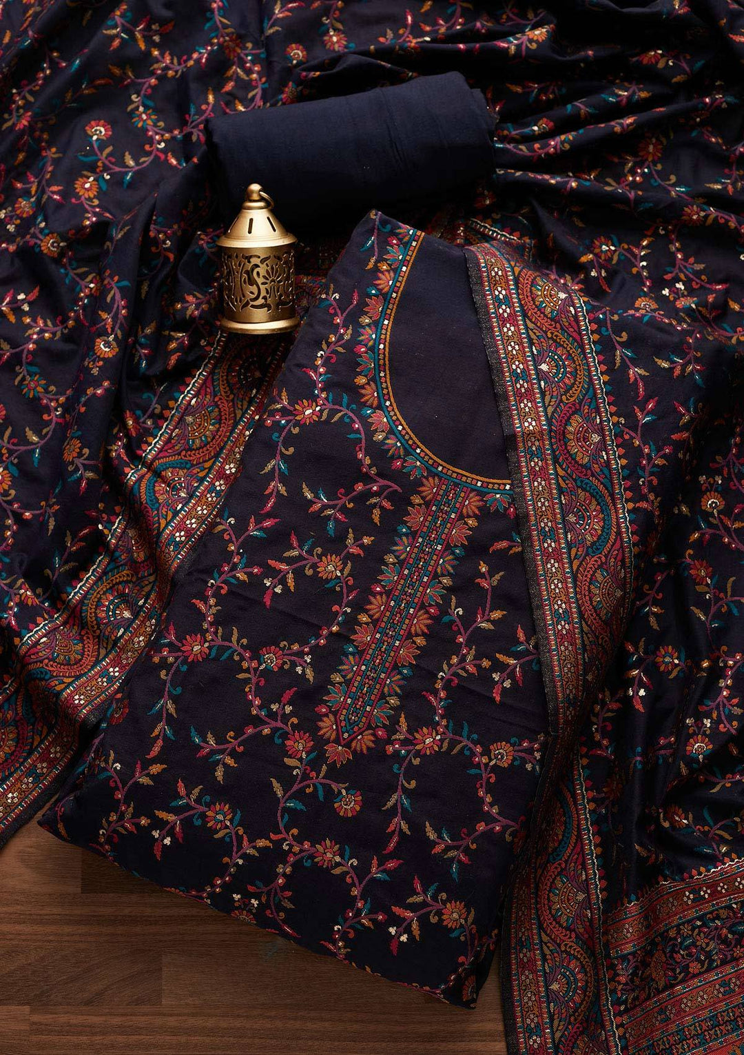 Navy Blue Threadwork Georgette Designer Unstitched Salwar Suit - Koskii