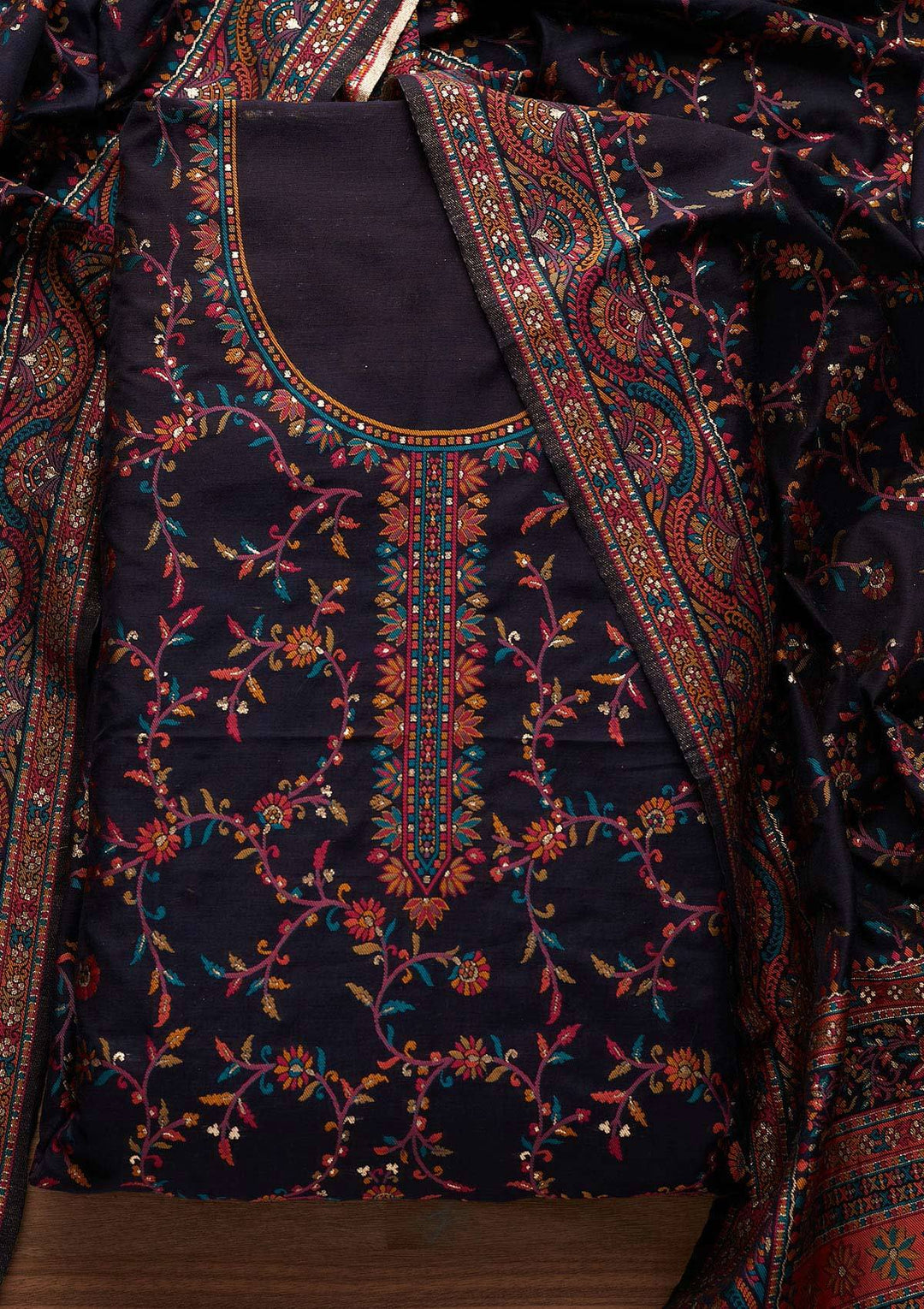 Navy Blue Threadwork Georgette Designer Unstitched Salwar Suit - Koskii