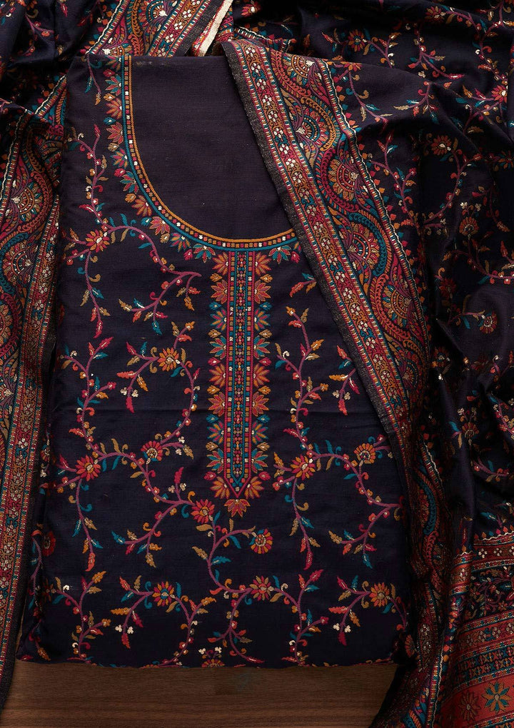 Navy Blue Threadwork Georgette Designer Unstitched Salwar Suit - Koskii