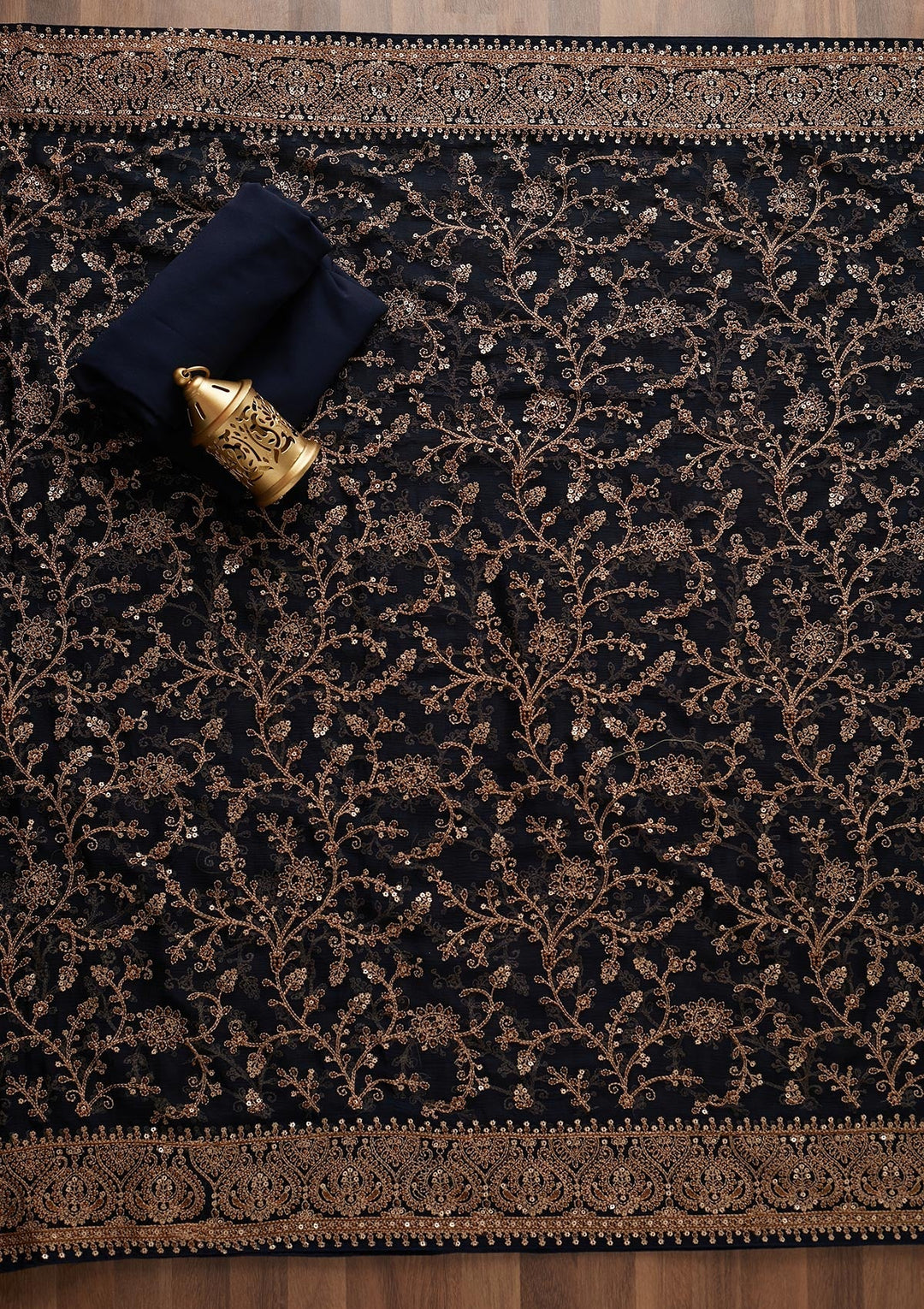 Navy Blue Threadwork Georgette Unstitched Salwar Suit - Koskii