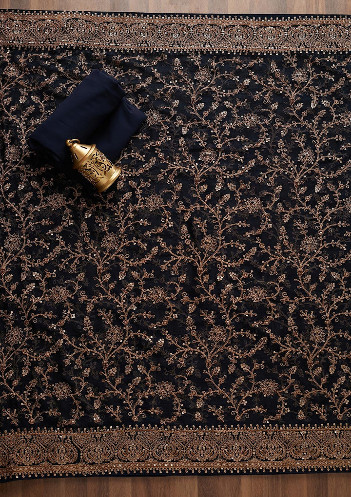 Navy Blue Threadwork Georgette Unstitched Salwar Suit - Koskii