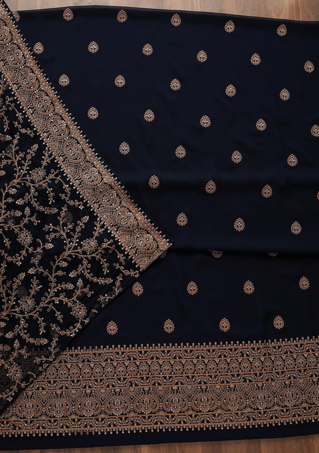 Navy Blue Threadwork Georgette Unstitched Salwar Suit - Koskii