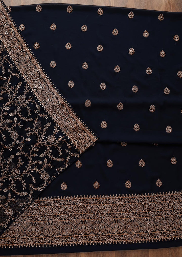 Navy Blue Threadwork Georgette Unstitched Salwar Suit - Koskii