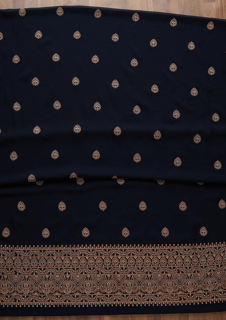 Navy Blue Threadwork Georgette Unstitched Salwar Suit - Koskii