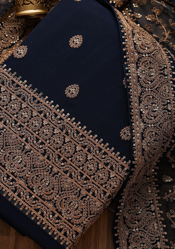Navy Blue Threadwork Georgette Unstitched Salwar Suit - Koskii