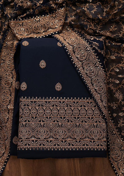 Navy Blue Threadwork Georgette Unstitched Salwar Suit - Koskii