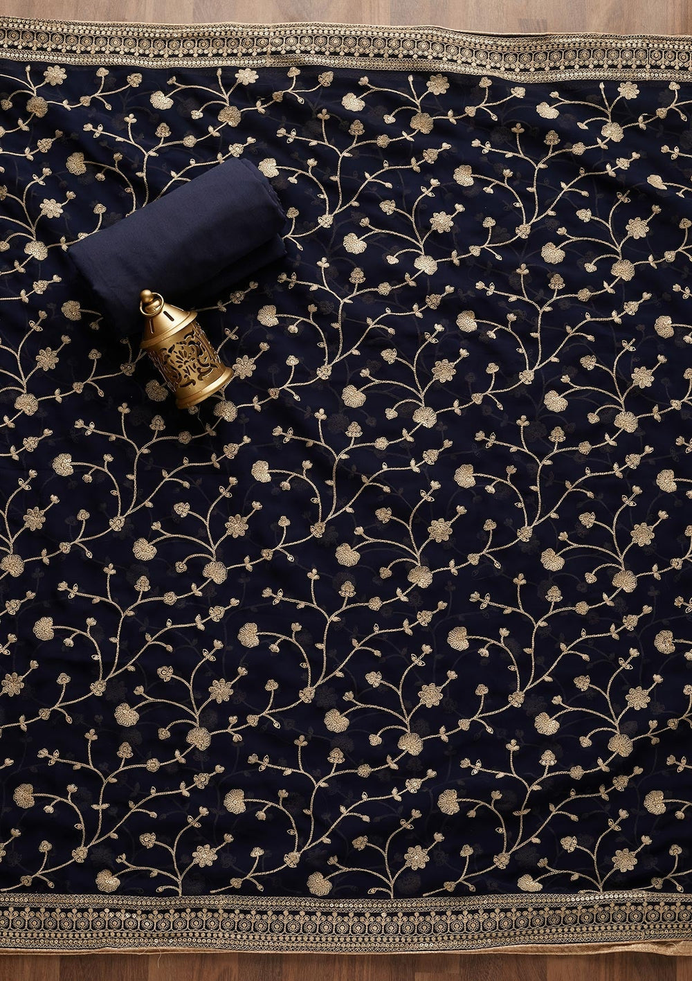 Navy Blue Threadwork Georgette  Unstitched Salwar Suit - Koskii