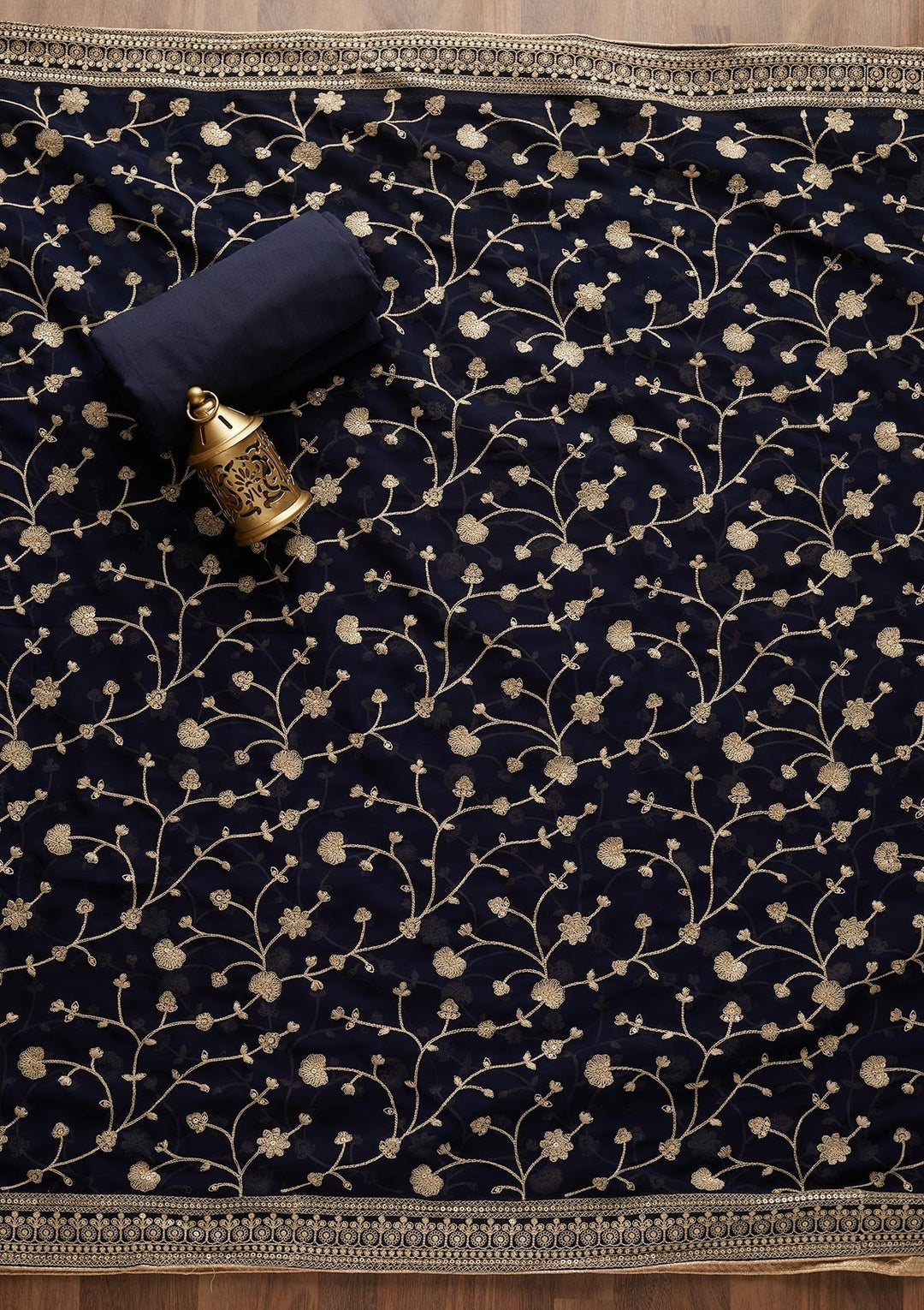Navy Blue Threadwork Georgette  Unstitched Salwar Suit - Koskii
