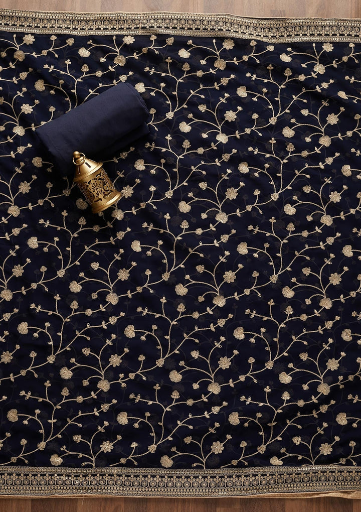 Navy Blue Threadwork Georgette  Unstitched Salwar Suit - Koskii