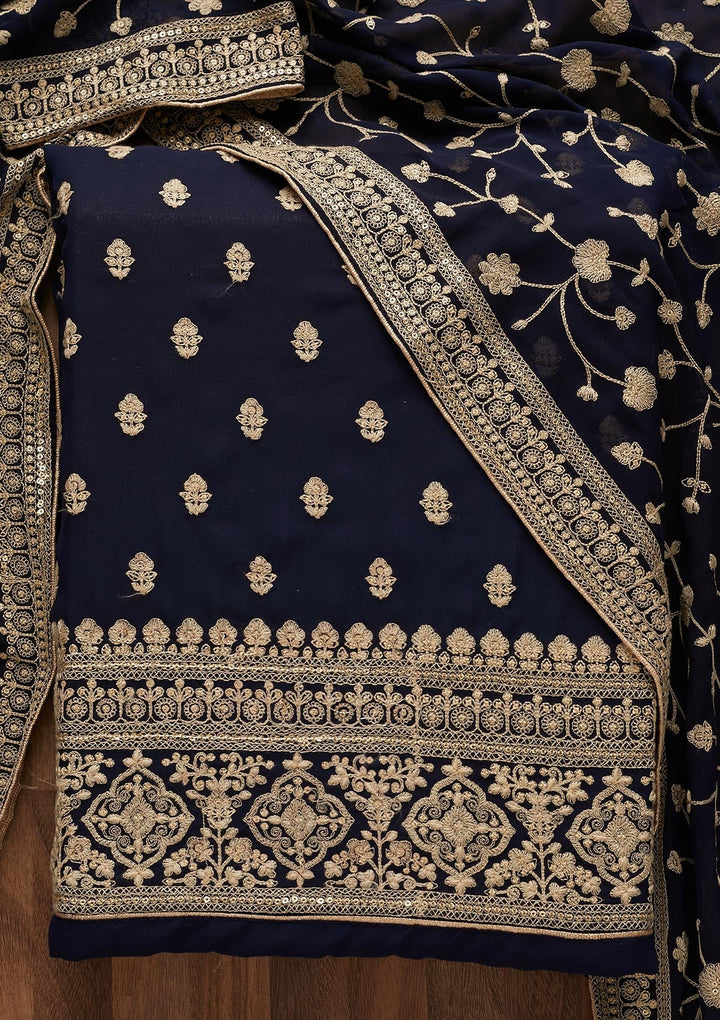 Navy Blue Threadwork Georgette  Unstitched Salwar Suit - Koskii