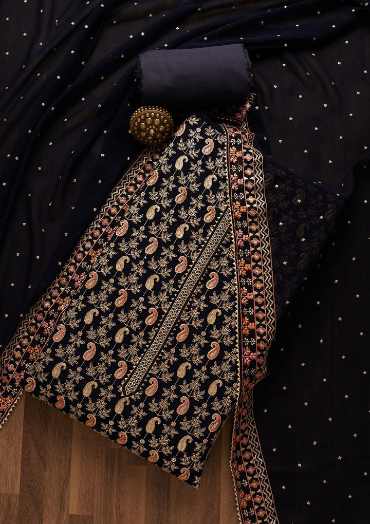 Navy Blue Threadwork Georgette Unstitched Salwar Suit-Koskii