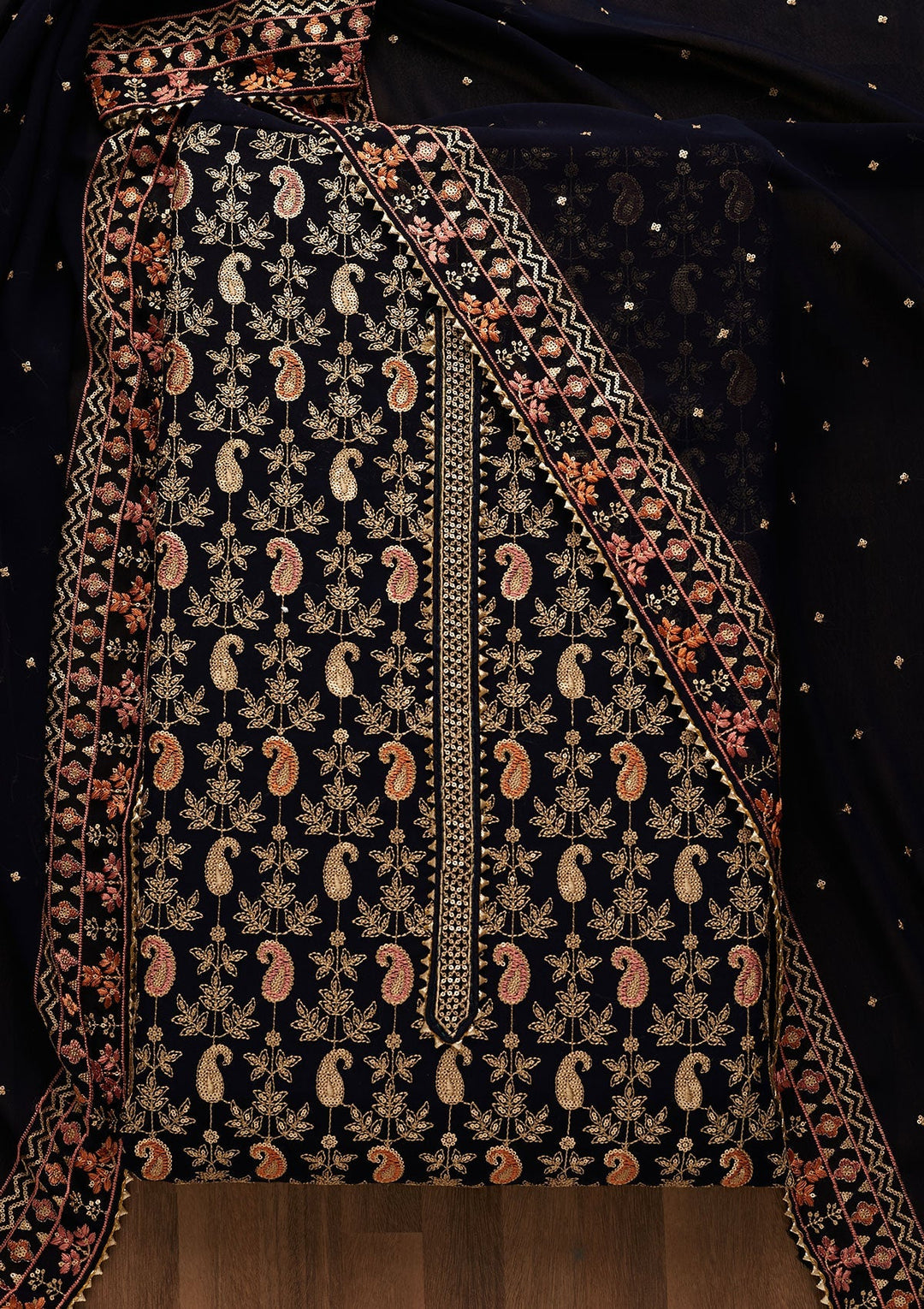 Navy Blue Threadwork Georgette Unstitched Salwar Suit-Koskii