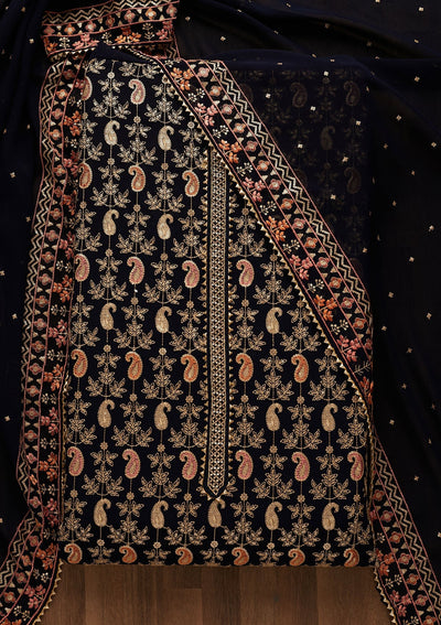 Navy Blue Threadwork Georgette Unstitched Salwar Suit-Koskii