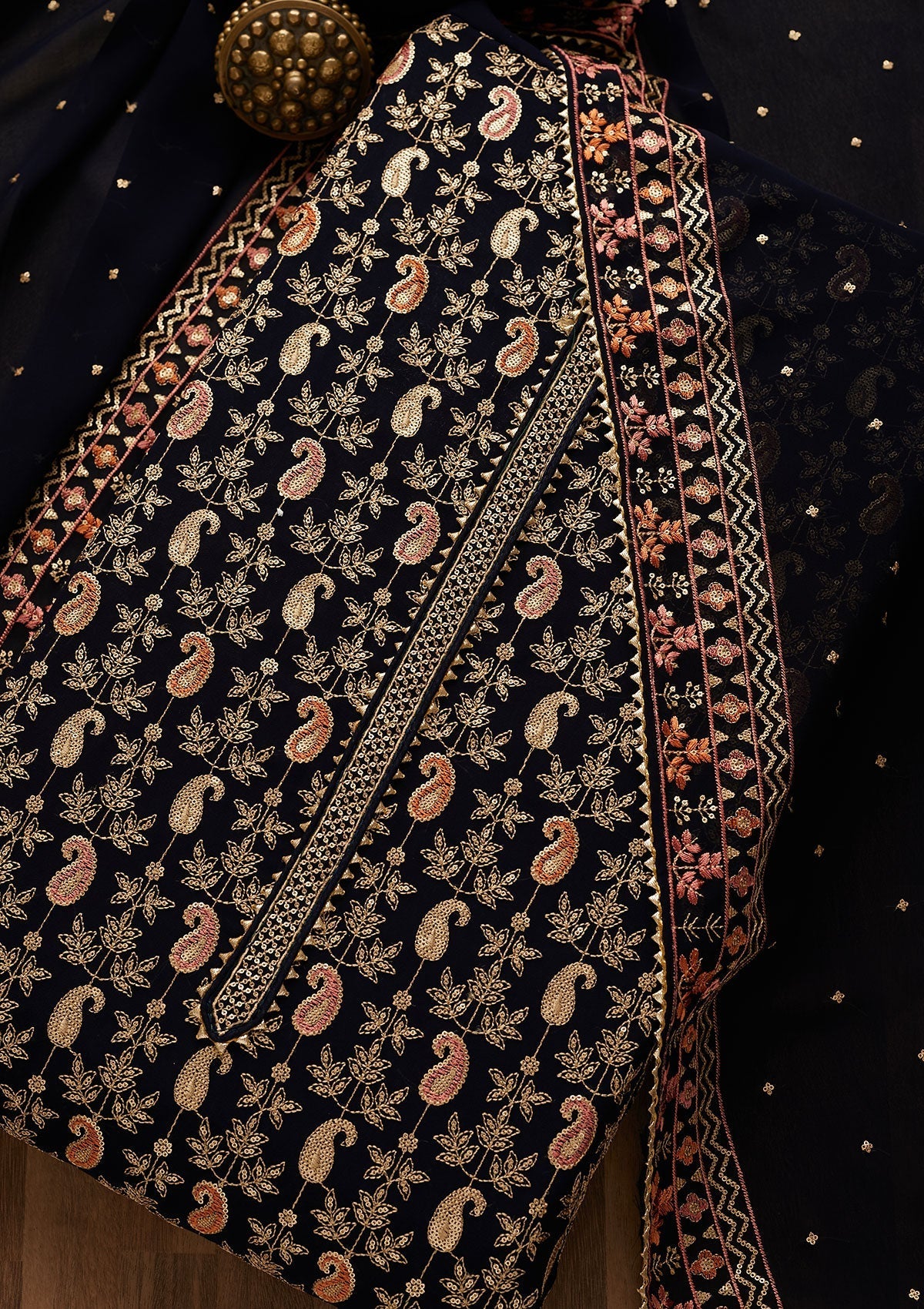 Navy Blue Threadwork Georgette Unstitched Salwar Suit-Koskii