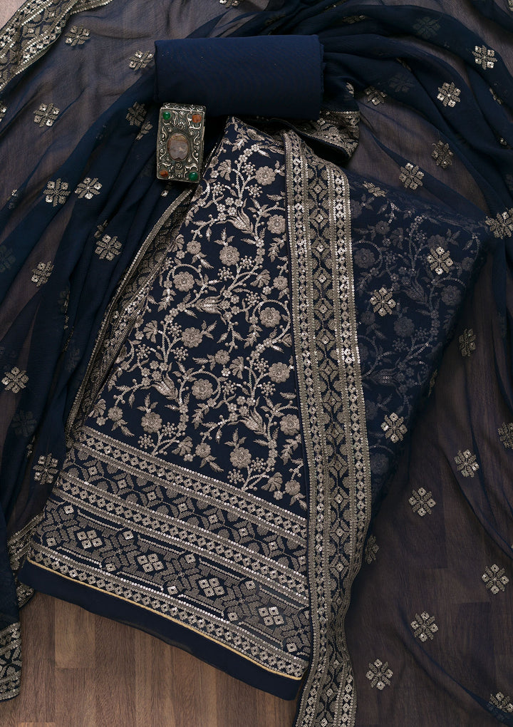 Navy Blue Threadwork Georgette Unstitched Salwar Suit-Koskii