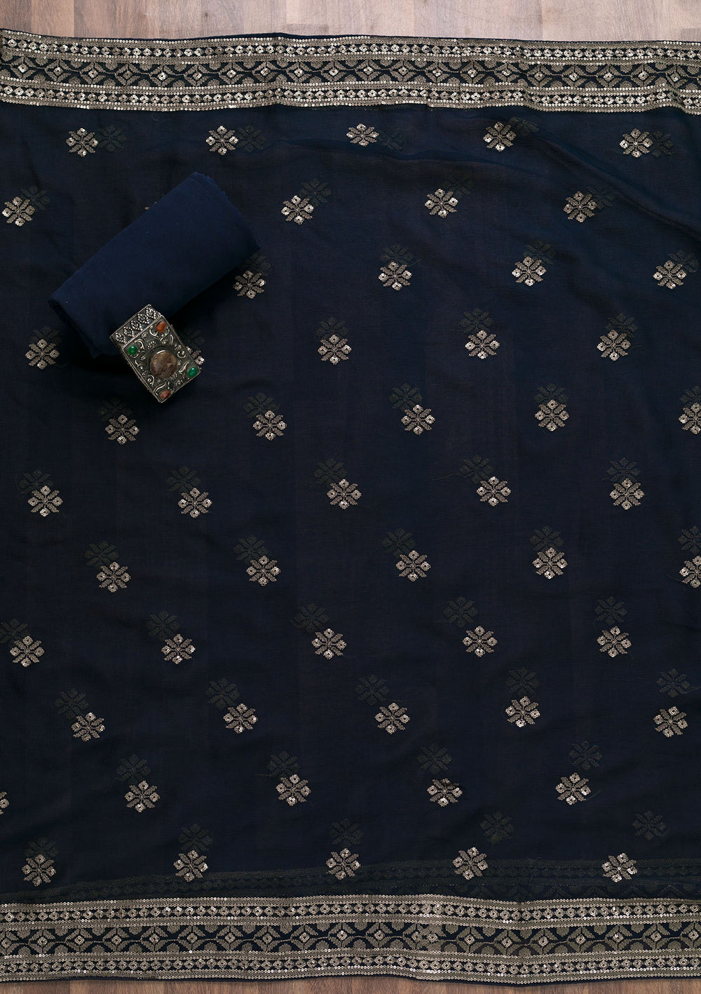 Navy Blue Threadwork Georgette Unstitched Salwar Suit-Koskii