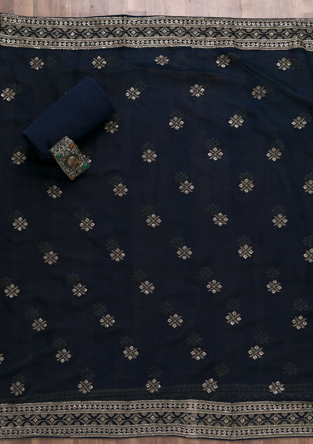 Navy Blue Threadwork Georgette Unstitched Salwar Suit-Koskii