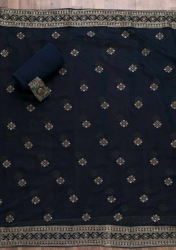 Navy Blue Threadwork Georgette Unstitched Salwar Suit-Koskii