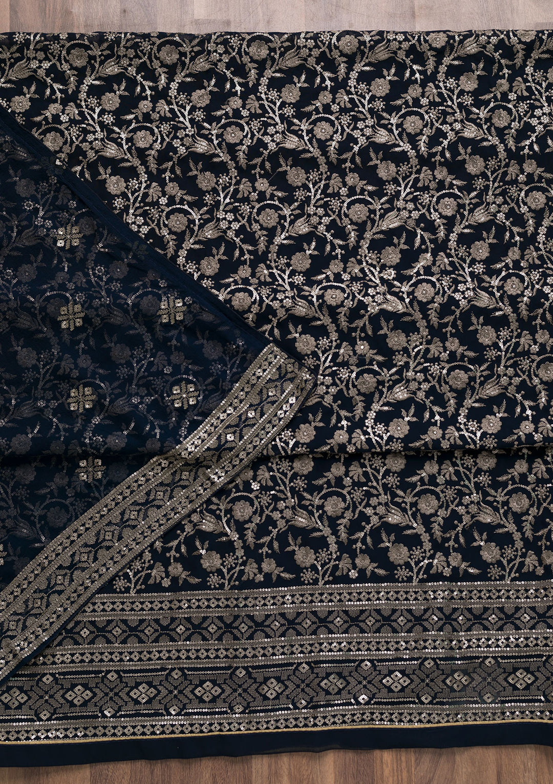 Navy Blue Threadwork Georgette Unstitched Salwar Suit-Koskii