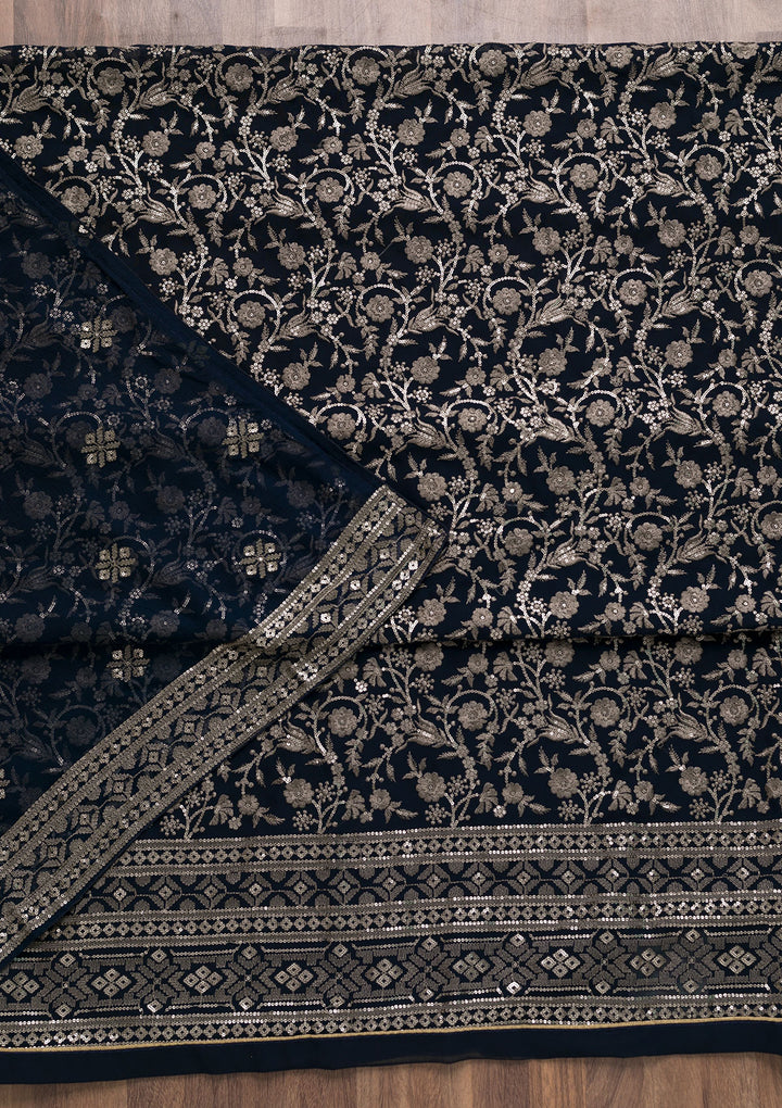 Navy Blue Threadwork Georgette Unstitched Salwar Suit-Koskii